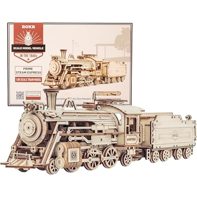 3D WOODEN PUZZLE-MECHANICAL CAR MODEL-SELF BUILDING VEHICLE KITS-BRAIN TEASER TOYS-BEST GIFT FOR ADULTS AND KIDS ON BIRTHDAY/CHRISTMAS DAY (PRIME STEAM EXPRESS)(WITH CARRIAGE) - Image 1